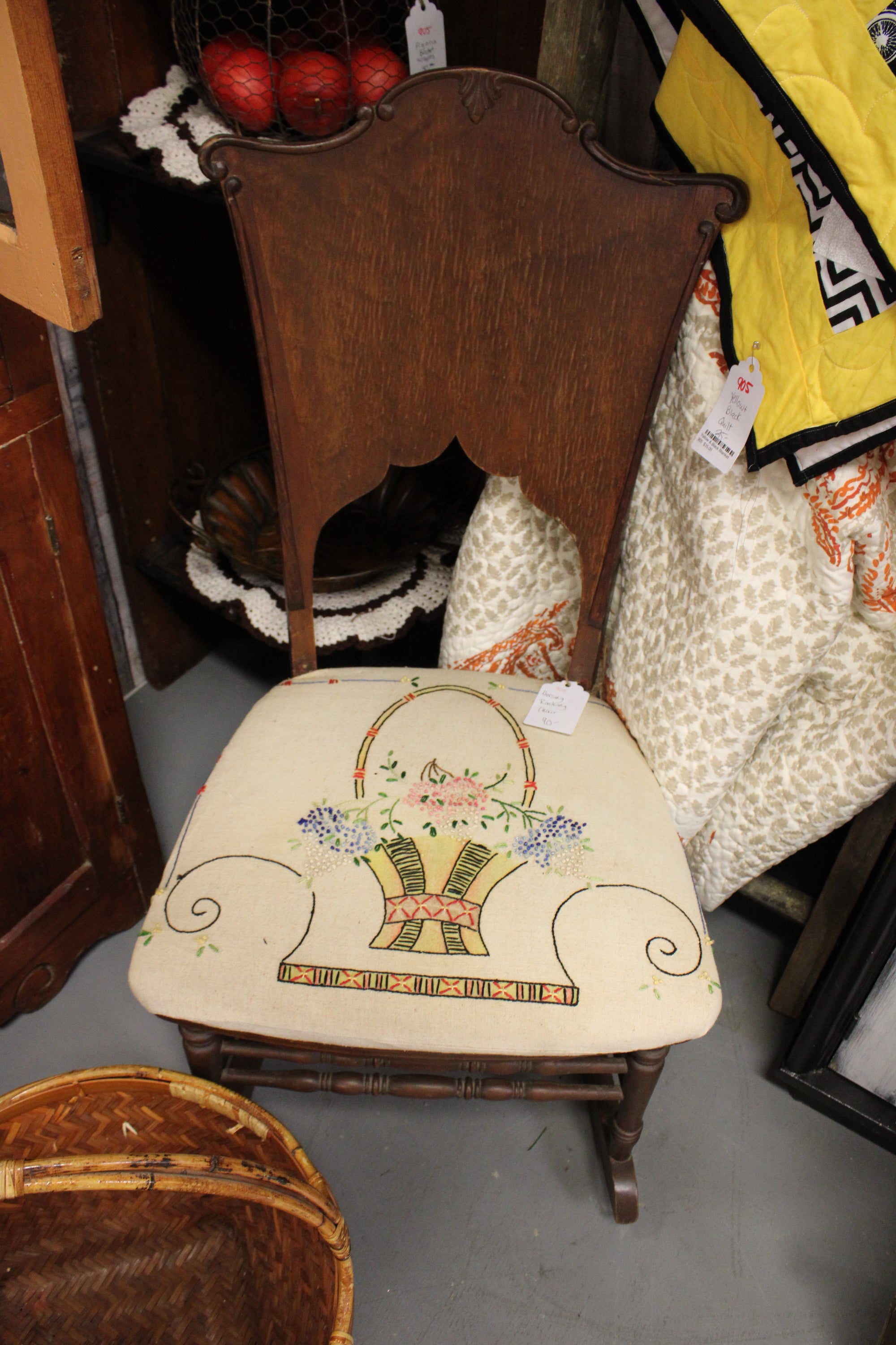 Vintage Wooden Rocking Chair with Hand-Embroidered Floral Seat