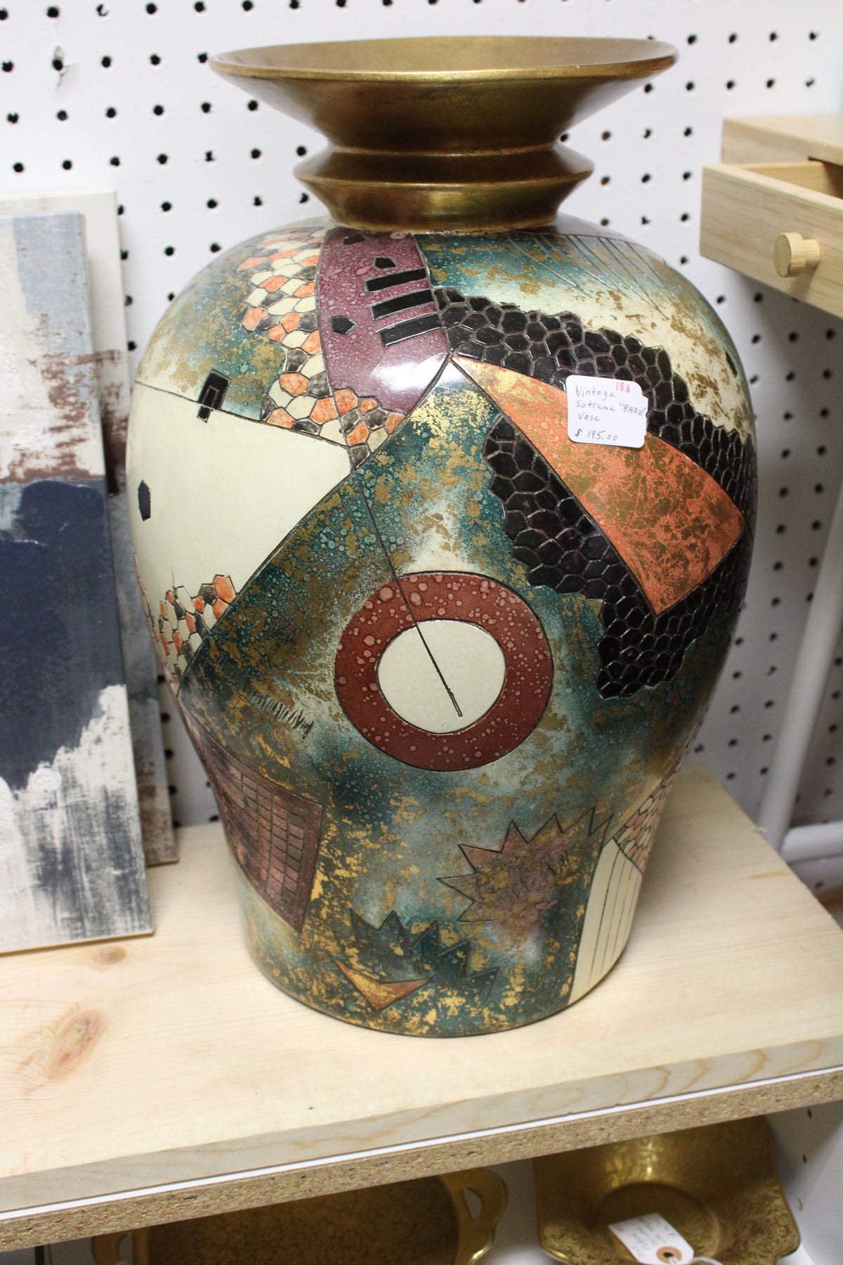 Vintage 1988 Satsuma-Inspired Barrel Vase – Abstract Mosaic Design