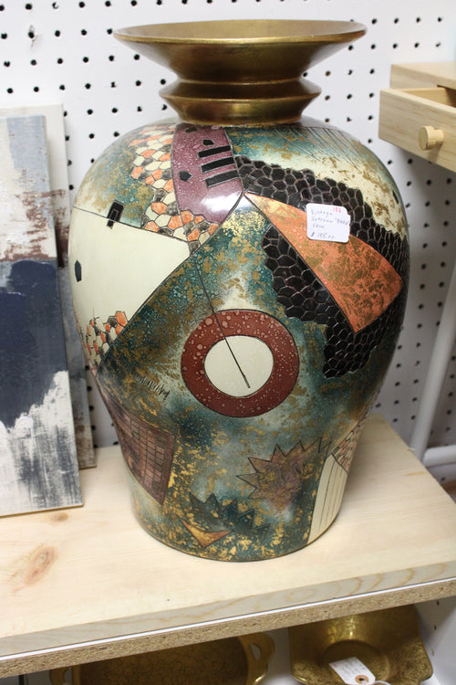 Vintage 1988 Satsuma-Inspired Barrel Vase – Abstract Mosaic Design